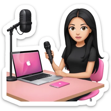 tanned long black hair woman, sat at desk with pink MacBook, podcast microphone black top and pink, sexy, glas table sticker