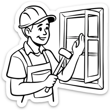 Window repair craftsman smiling while holding a small rubber mallet in his hand, looking at window he's fixing sticker