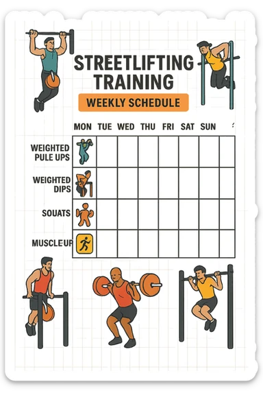a streetlifting training sheet with icons for each exercise—weighted pull-ups, weighted dips, squats, muscle-ups—organized in a weekly schedule. Around the sheet, small illustrations show athletes performing each movement with proper form. The color palette is bold and energetic, and the background is clean and minimal. sticker