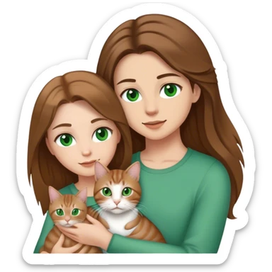white couple with brown hair, woman has long hair and green eyes .they’re holding a tabby cat  sticker