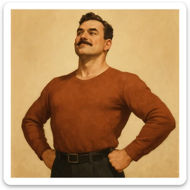 a proud man with a puffed chest, standing tall, confident expression, simple background sticker