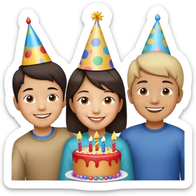 Asian American woman with two boys 3 and 6 years old celebrating birthday  sticker