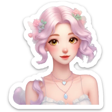 Gorgeous pastel anime style lady with blushing face and angel wings necklace cottagecore fairycore pastelcore colorful pearly romantic simplistic aesthetic trending style sticker