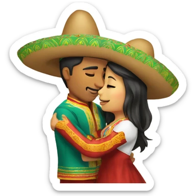 mexican man with sombrero kissing asian girl with traditional wear on sticker