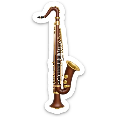 Create an emoji representing a professional bassoon. The design should feature the sleek wooden body of the bassoon with its rich wood tones, showing the intricate keywork and metal springs. The metal tubing of the instrument should be clearly visible, with polished brass accents. Highlight the bell and the distinctive, straight shape of the instrument. The mouthpiece and reed should be visible at the top, emphasizing the functional details. Use warm wood tones like dark brown, with gold and brass accents for the keys and fittings. Add soft musical notes or soundwaves to represent the deep, resonant sound of the bassoon. The background should be transparent. sticker