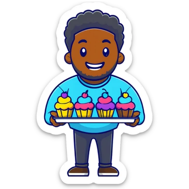 Cheerful large African American man holding colorful cupcakes sticker