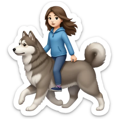 A girl with long brown hair walks a light gray Alaskan sticker