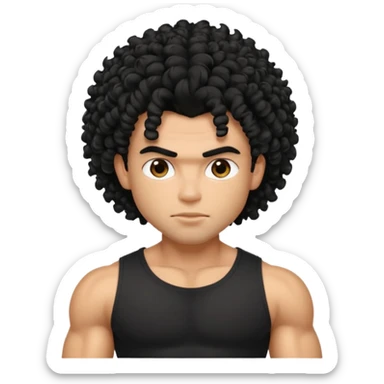 a pretty bratz guy with curly black hair with big muscles and shaggy hair in a tight black tee sticker