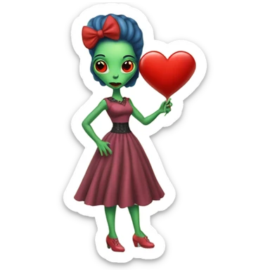 a Reptilian alien woman full body, in rockabilly dress holding big red heart sticker