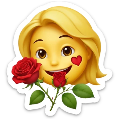 Normal emoji yellow biting a rose flower in romantic  sticker
