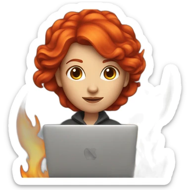 developer red hair woman with a macbook and a huge fire flame behind her sticker