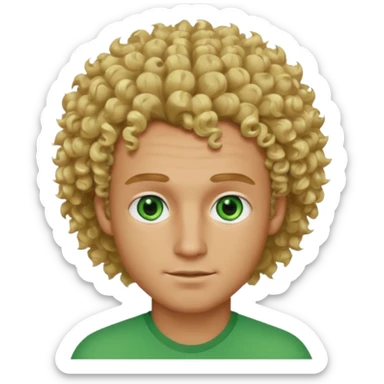 Hot, fluffy curly blond hair, green eyes, tanned skin, squear sculpted head, arched broen brows,guy sticker