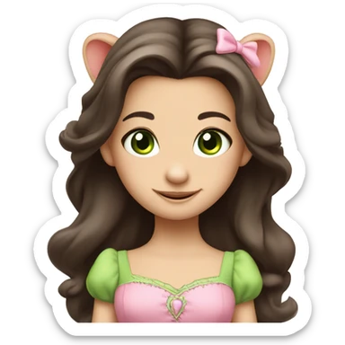 A cute mouse princess with dark brown long hair, green eyes, cute pink dress, happy sticker
