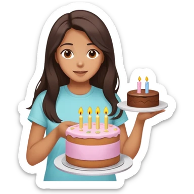 A woman with blowout, dark, brown, long hair, brown eyes, oversize, pastel T-shirt, in her hands cake and she make a wish sticker