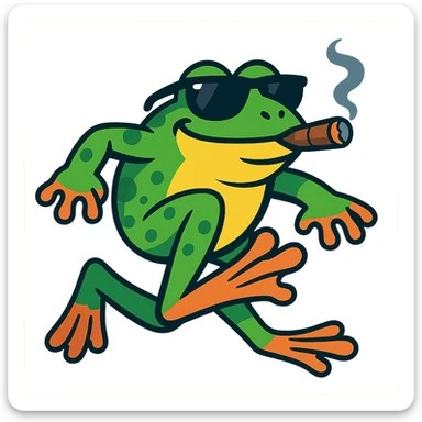 realistic cartoon frog leaping with ray bans, satisfied expression, smoking a cigar, vibrant toon style sticker