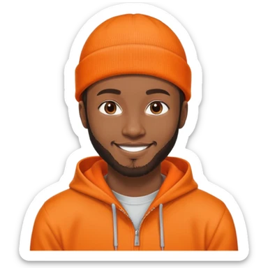 African yound man in his late 20s with a beanie and a bright smile with a short boxed beard, and a low cut hair, orange hoody sticker