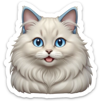 Cinematic Adorable Fluffy Light Grey Mantle Ragdoll Cat Portrait Emoji, Head tilted cutely with big, sparkling blue eyes, soft light grey fur with darker points on the ears, face, and paws, Simplified yet irresistibly adorable features, highly detailed, glowing with a soft, warm glow, high shine, yawning in a peaceful and playful manner, stylized with a touch of whimsy, bright and endearing, soft glowing outline, capturing the essence of a relaxed and loving kitten, so cute it feels like it could leap out of the screen and stretch into a cozy nap! sticker
