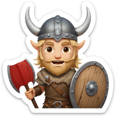 A young Viking warrior with messy hair painted cheeks, wooden shield, and fierce excited grin with horned helmet sticker