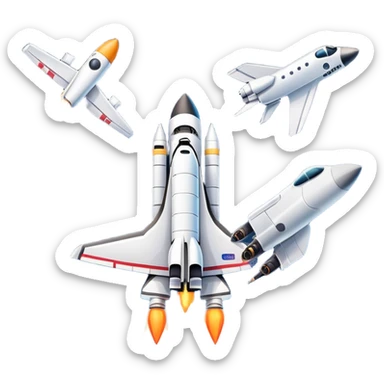 An icon featuring a space shuttle, a drone, and an airplane against a starry sky, symbolizing aerospace technology. The design includes rocket boosters and satellite orbits, representing the exploration of space and advanced aviation. Transparent background sticker