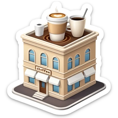 generate realistic detailed building with coffee cup on the top in 3d style sticker