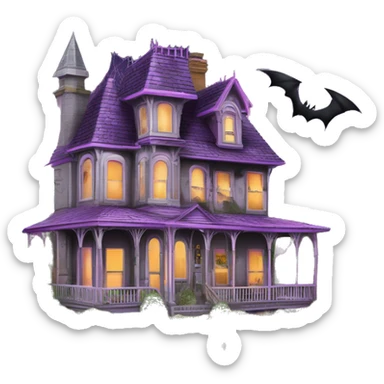 Barbie’s and Batman’s 6 story tall very haunted dream house with complete wrap-around porch, tall thorn bushes,and ghosts,guests, and spider webs everywhere and some broken windows and boards. The grass in the yard is dead.  sticker