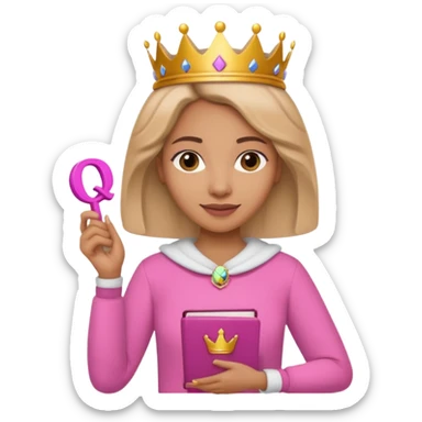 Crear una reina morena clara con ropa rosa sosteniendo la palabra Queen en sus manos sticker