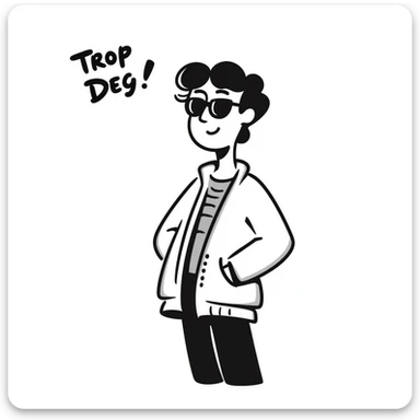 Sketchy character with sunglasses looking extremely cool with 'Trop Deg' text sticker
