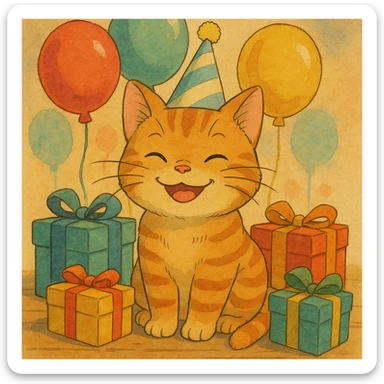 ginger tabby kitten wearing a birthday hat, surrounded by balloons and gifts, smiling, ghibli style birthday scene sticker