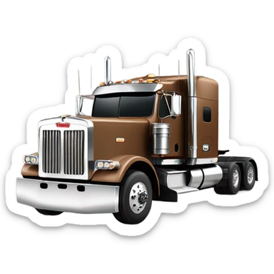 Peterbilt 389 brown with flat top and slash cut exhaust stacks and dual rear tires and flat bumper sticker