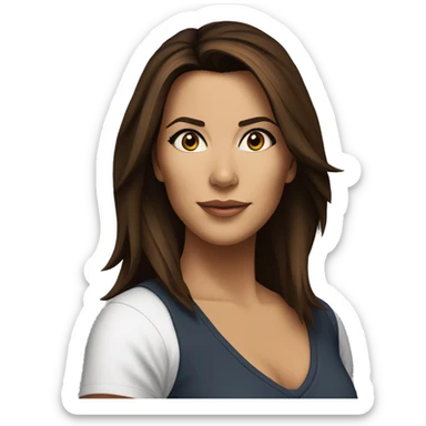 3/4 face, contrasted, shadow, light, Eva Longoria expression, standing from a distance, thin nose, brunette woman, hazel eyes, long eyelashes, dark shoulder shaded hair, white t-shirt, jeans, white sneakers sticker