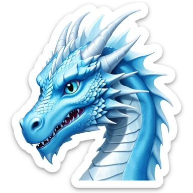 Cinematic Noble wise elegant Ice Dragon Portrait Emoji, Poised and imposing, distinct long elegant snout, with a slender, scaled body shimmering in glacial hues of icy blue, frostbitten silver, and crystalline white, breathing out frost, with piercing, glowing ice blue white eyes that radiate the chilling depths of an arctic storm; rendered in detail. excuding wisdom sticker
