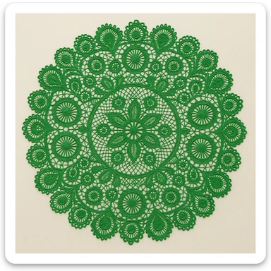 a Paraguayan green ñanduti lace pattern, intricate and circular, in a vibrant green color, detailed and elegant sticker
