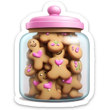 Realistic glass cookie jar with light pink lid full of gingerbread cookies isolated.  sticker