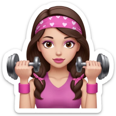 Pink and clothes emoji, inspired with brunette hair, brown eyes, long hair, heart shape lips and pink make up  and pink nails, mauve pink blush and a chocolate brown bandana lifting dumbbells sticker