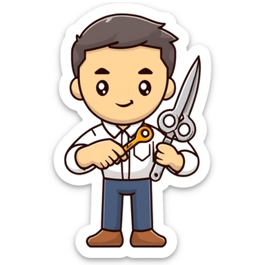 A Ukrainian man in a white embroidered shirt holds a spanner in one hand and scissors in the other sticker