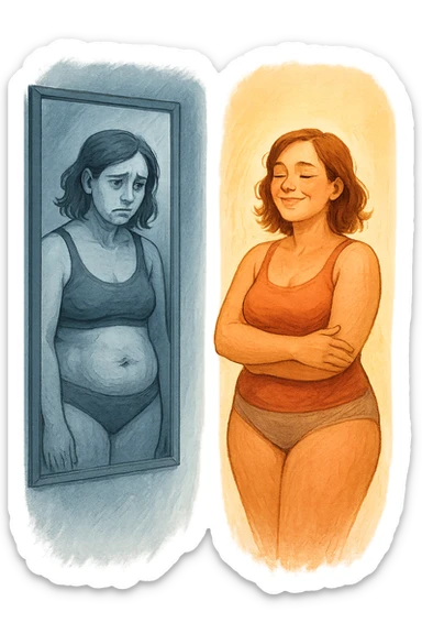 prima parte mostra donna con espressione triste che si guarda allo specchio, anatomia realistica, seconda parte la stessa donna che sorride accettando se stessa, stessa fisicità ma atteggiamento trasformato, illuminazione che passa da fredda a calda, metafora visiva dell'auto-accettazione, stile artistico contemporaneo sticker