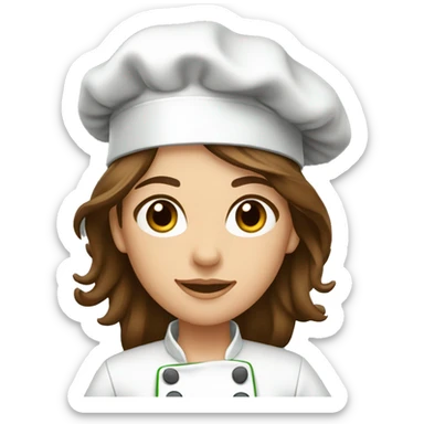 Female chef with long brown hair and hazel eyes wearing a dark green chef’s coat  sticker