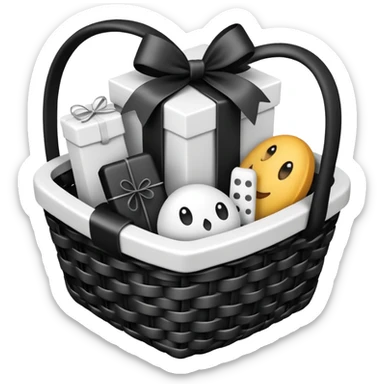 black and white small gift basket with hardly anything it but 3 things and the gift basket color white and black sticker