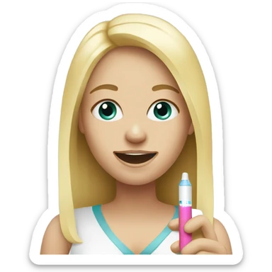 Blonde girl holding a pregnancy test sticker