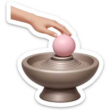 hand hovering over a centered pink ball of clay on a silver pottery wheel, not touching it yet, sensing position before contact sticker