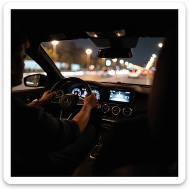 Mercedes E63 2024, driver's perspective from inside, left hand on wheel, night, Bucharest city lights, motion blur, photorealistic sticker