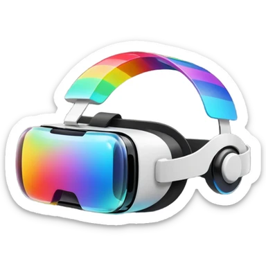 Show a VR headset or AR glasses, symbolizing the immersive hair experience. Include virtual objects or a 3D scene floating in the air in front of rainbow Make the background transparent. sticker