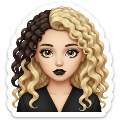 Split dye brunette and blonde, baddie, pretty makeup, black eyeliner, long and curly hair sticker