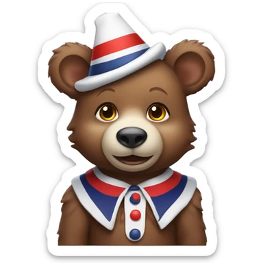 Brown baby bear. Clothes are Red White and Navy. Wearing jester collar and a clown hat.  sticker