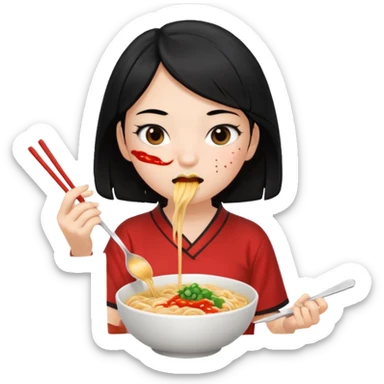 girl with black hair in short sleeves eating noodles with a spoon and chopsticks sticker