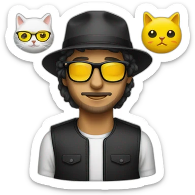 hombre blanco con gafas y gorra con dos gatos negro y amarillo sticker
