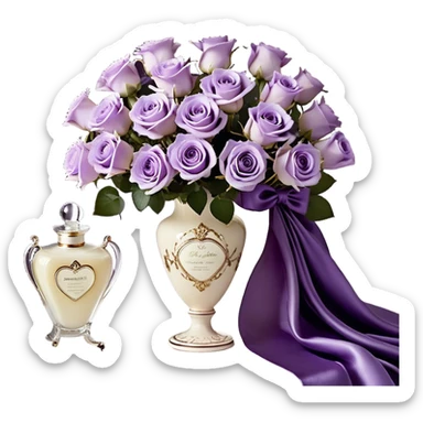 A luxurious bouquet of delicate light violet Ascott tea roses, carefully arranged in an elegant ivory porcelain vase, placed next to a deep purple satin fabric that drapes gracefully. A stunning lavender butterfly with intricate wing patterns rests gently on one of the roses. An exquisite ivory silk ribbon cascades across the scene, intertwining with a vintage-style perfume flacon in a pearlescent hue, adorned with an ornate golden atomizer, evoking timeless elegance sticker