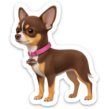 Little cute brown and tan applehead chihuahua with a pink Harley Davidson collar on her name isPixie sticker