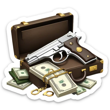Icon for Action & Crime Reading: an open book with a silhouette of a gun, a bag of money, and a police badge on the pages. Surrounding elements include a pair of handcuffs, a briefcase, and scattered bullet casings. Transparent background. sticker