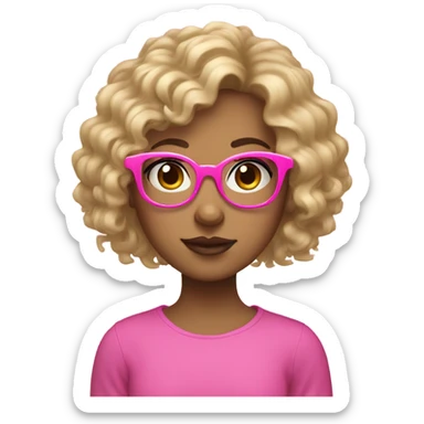 Blond girl with curly hair, curly bangs, wearing pink glasses, slanted eyes, eyelashes sticker